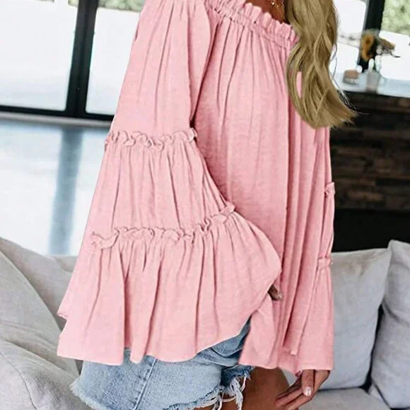 Baby Pink Casual Women's Off Shoulder Blouse Long Bell Sleeve Flared Loose Tops - Picture 3 of 3